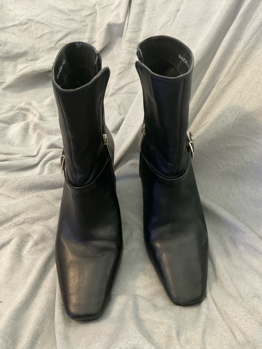 Bandolino Black Leather Square-Toe Ankle Boots with Side Buckles
